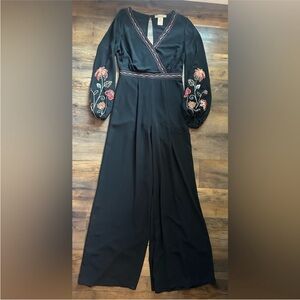 Anthro Flying Tomato Black Embroidered Wide Leg Jumpsuit Boho M